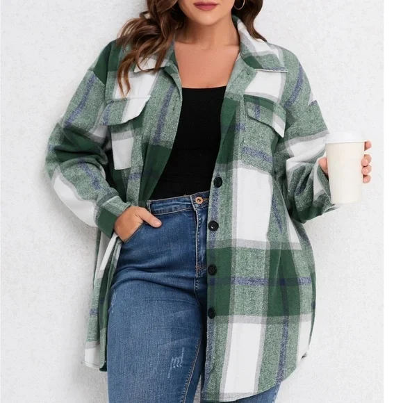 Plus Plaid Print Button Down jacket Shacket - Picture 2 of 10